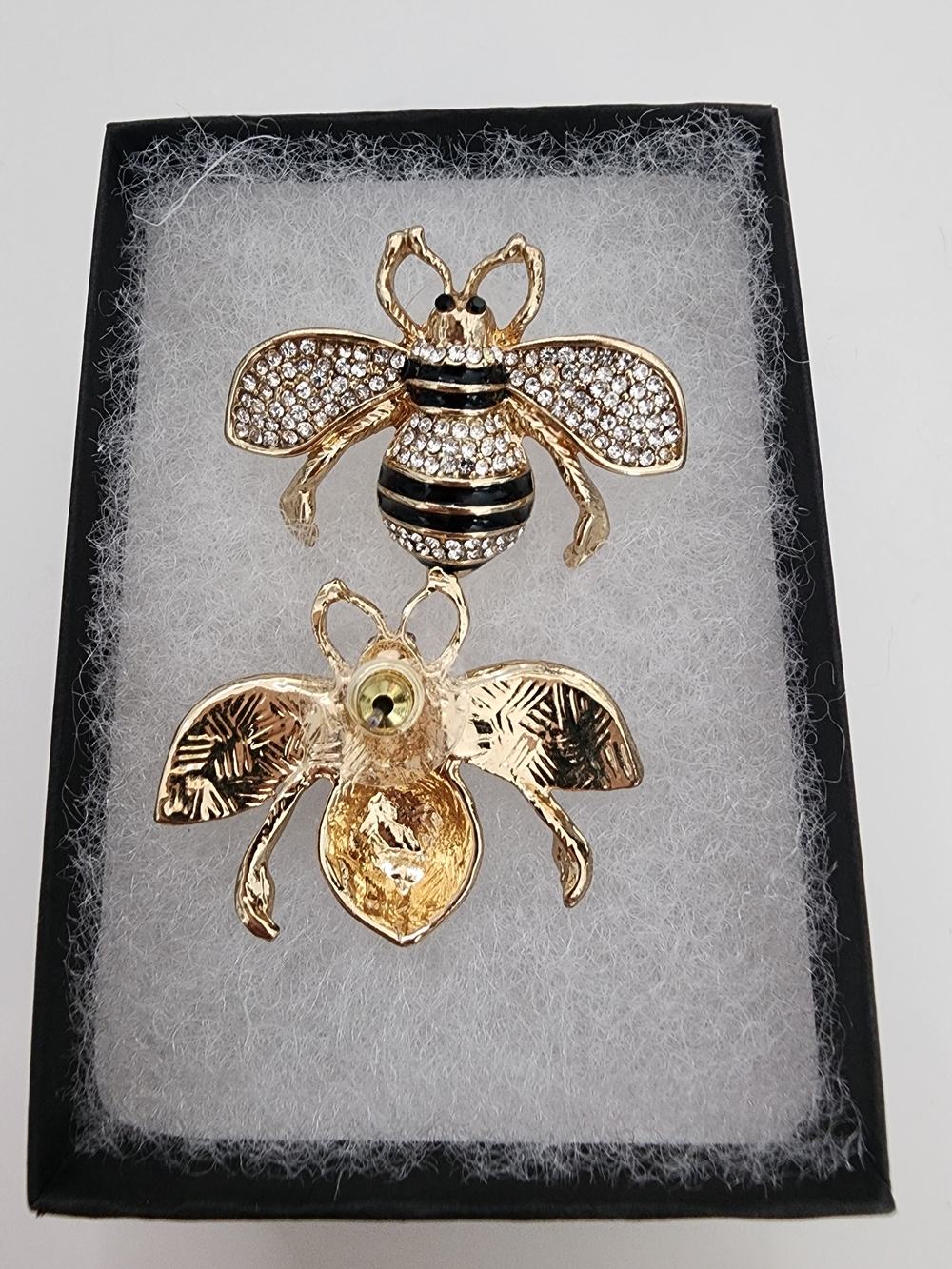 Gold Bee Earrings with Black Enamel & Rhinestones - Picture 2 of 3